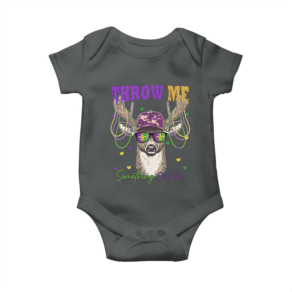 Funny Mardi Gras Mississippi Deer Baby Onesie Throw Me Something Mister Beads