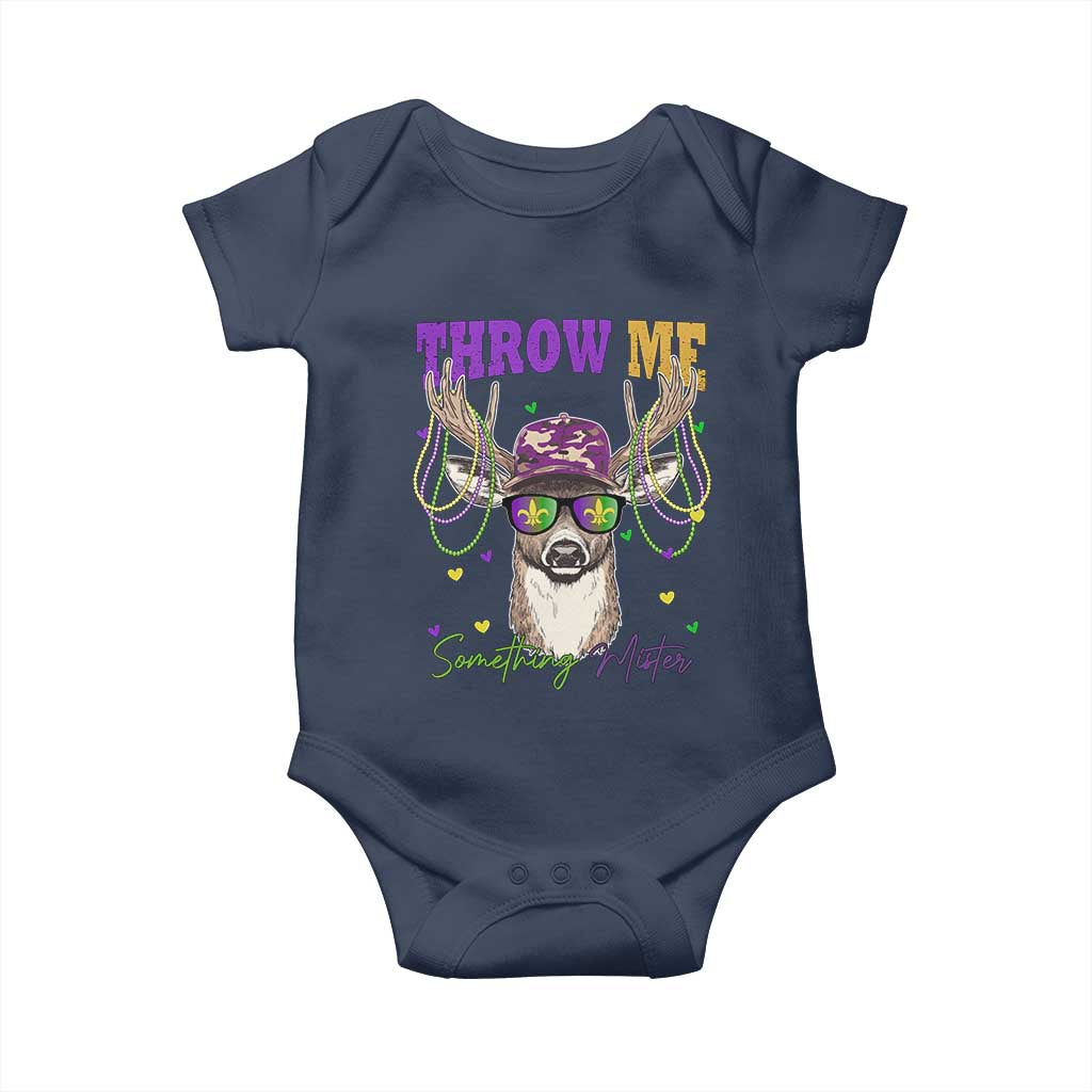 Funny Mardi Gras Mississippi Deer Baby Onesie Throw Me Something Mister Beads