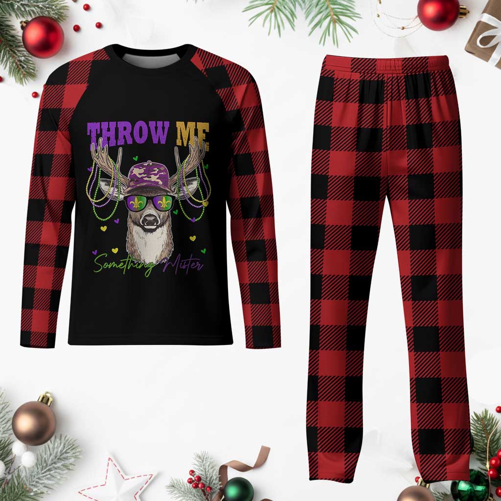 Funny Mardi Gras Mississippi Deer Plaid Pajama Set Throw Me Something Mister Beads