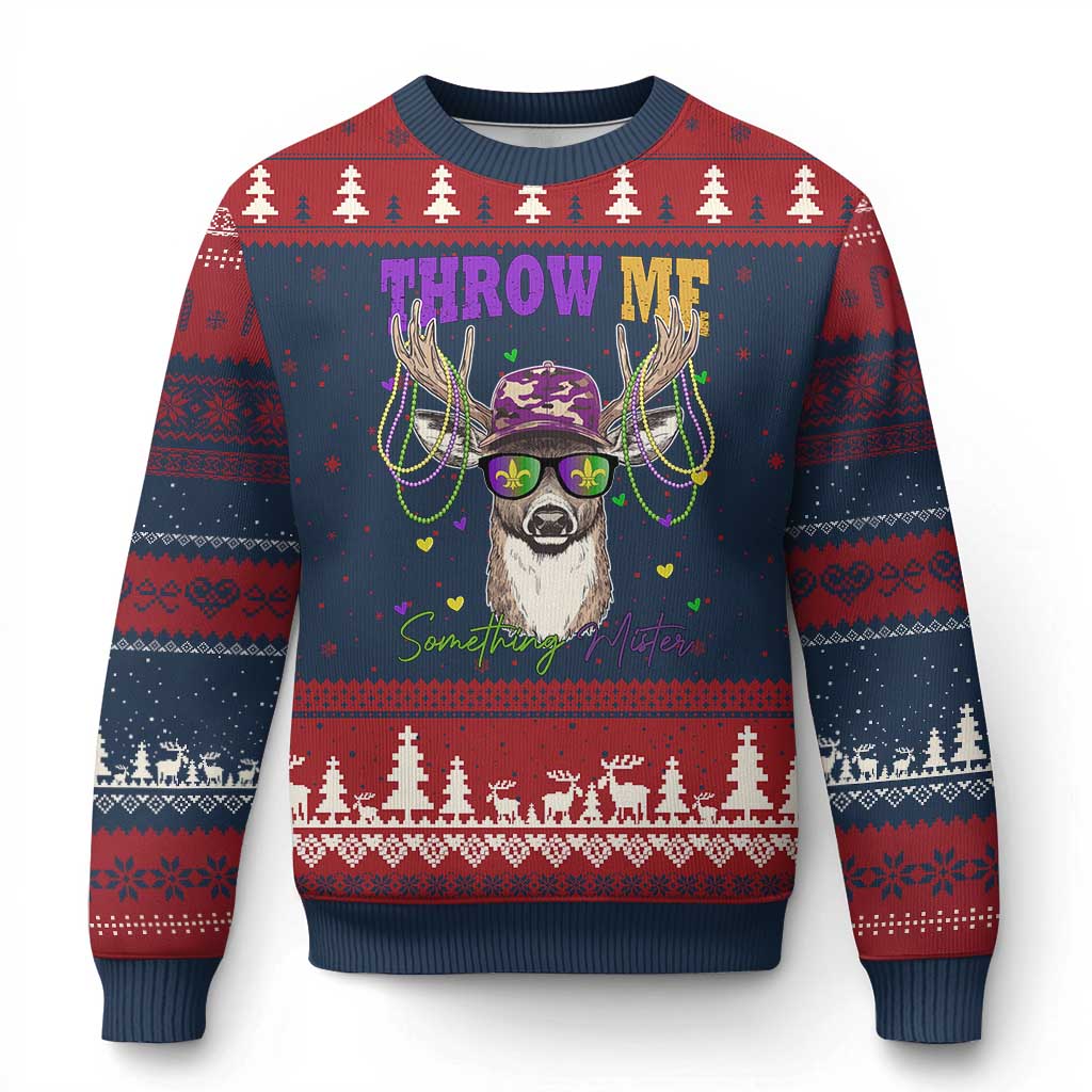 Funny Mardi Gras Mississippi Deer Ugly Christmas Sweater Throw Me Something Mister Beads