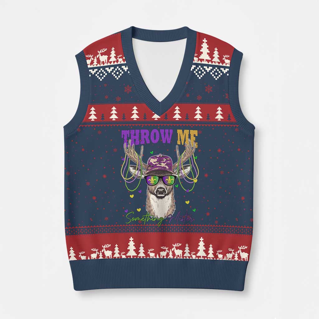 Funny Mardi Gras Mississippi Deer V-Neck Knit Sweater Vest Throw Me Something Mister Beads