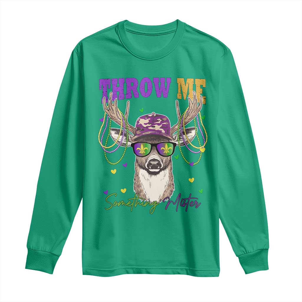 Funny Mardi Gras Mississippi Deer Long Sleeve Shirt Throw Me Something Mister Beads