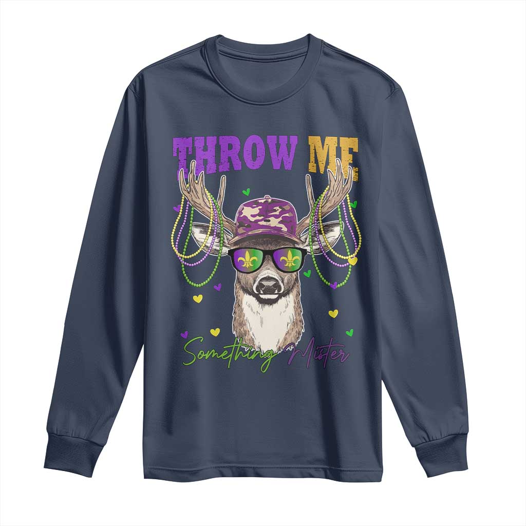 Funny Mardi Gras Mississippi Deer Long Sleeve Shirt Throw Me Something Mister Beads