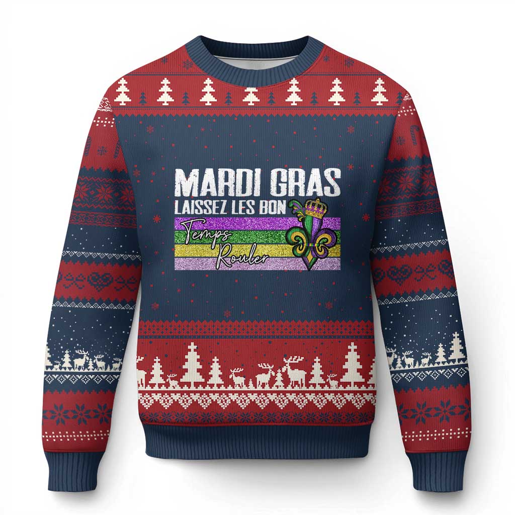 Funny Mardi Gras Laissez Les Bon Temps Rouler Ugly Christmas Sweater Fleur De Lis Glitter Print