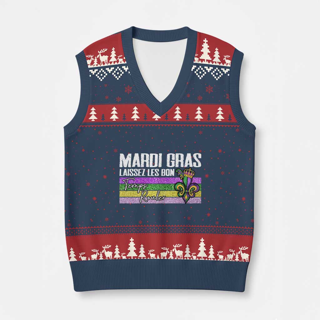 Funny Mardi Gras Laissez Les Bon Temps Rouler V-Neck Knit Sweater Vest Fleur De Lis Glitter Print