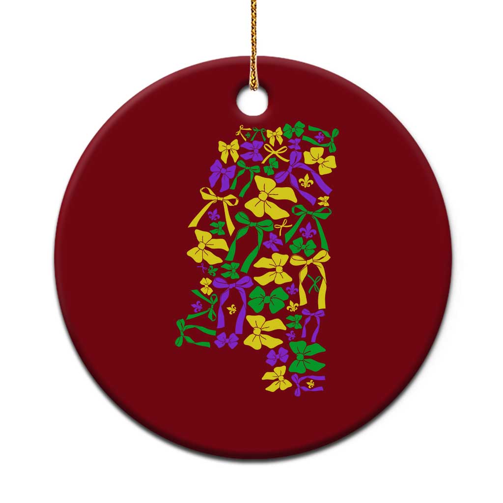 Funny Mardi Gras Mississippi Map Coquette Bow Ceramic Ornament