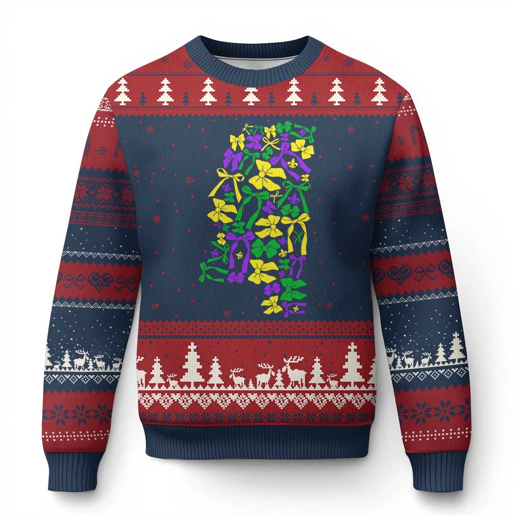 Funny Mardi Gras Mississippi Map Coquette Bow Ugly Christmas Sweater