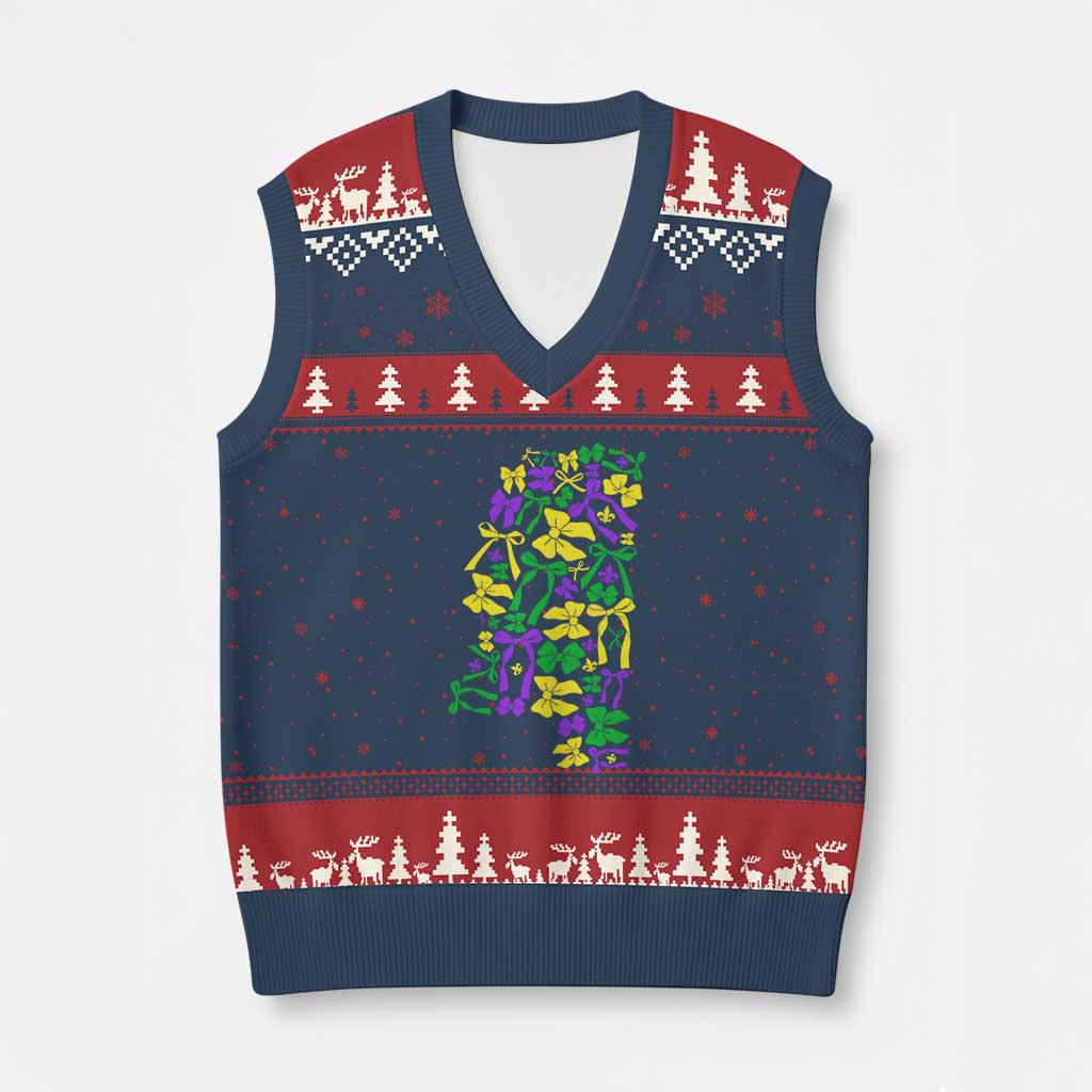 Funny Mardi Gras Mississippi Map Coquette Bow V-Neck Knit Sweater Vest