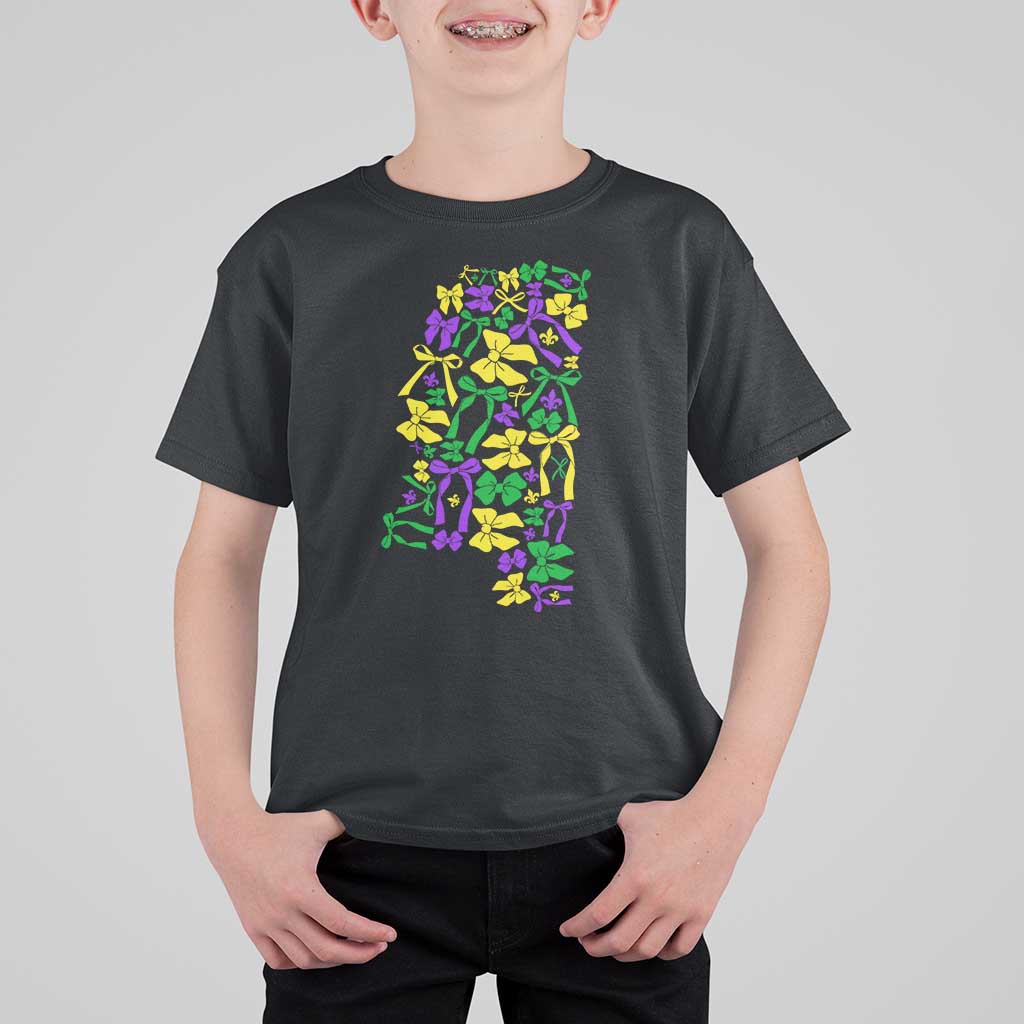 Funny Mardi Gras Mississippi Map Coquette Bow T Shirt For Kid