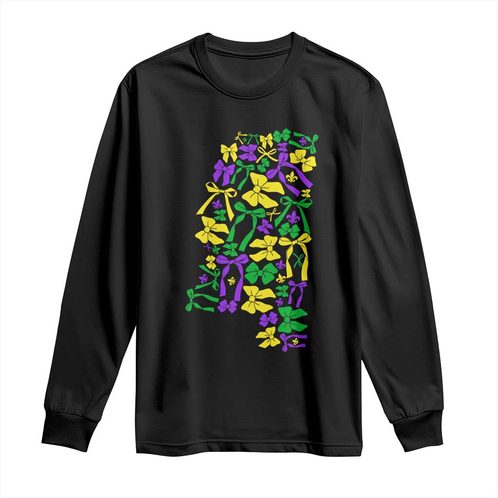 Funny Mardi Gras Mississippi Map Coquette Bow Long Sleeve Shirt