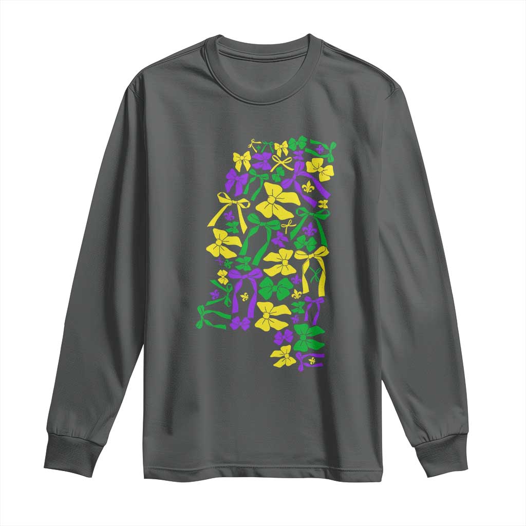 Funny Mardi Gras Mississippi Map Coquette Bow Long Sleeve Shirt