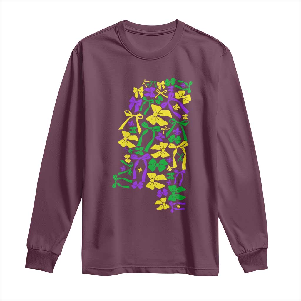 Funny Mardi Gras Mississippi Map Coquette Bow Long Sleeve Shirt