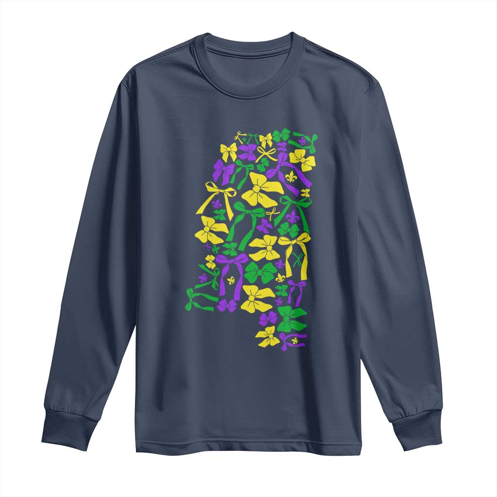 Funny Mardi Gras Mississippi Map Coquette Bow Long Sleeve Shirt