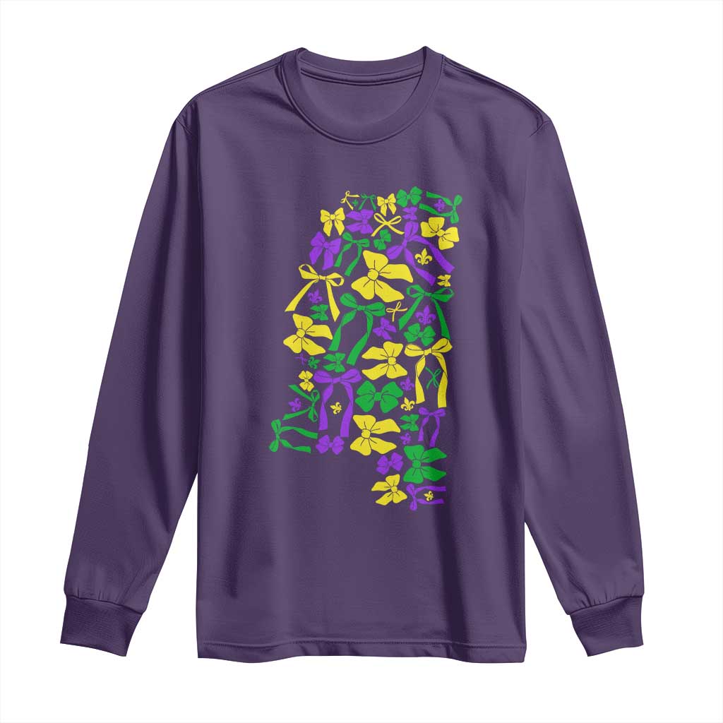 Funny Mardi Gras Mississippi Map Coquette Bow Long Sleeve Shirt