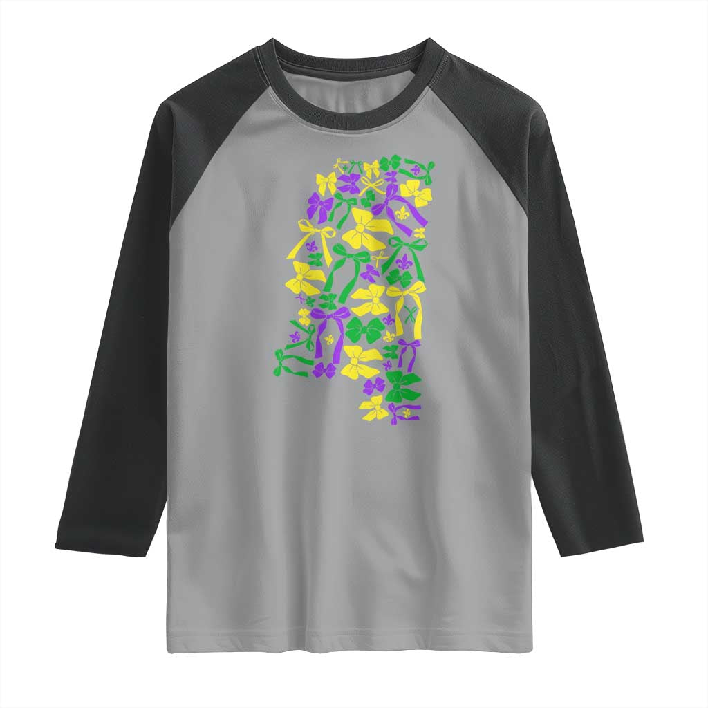 Funny Mardi Gras Mississippi Map Coquette Bow Raglan Shirt
