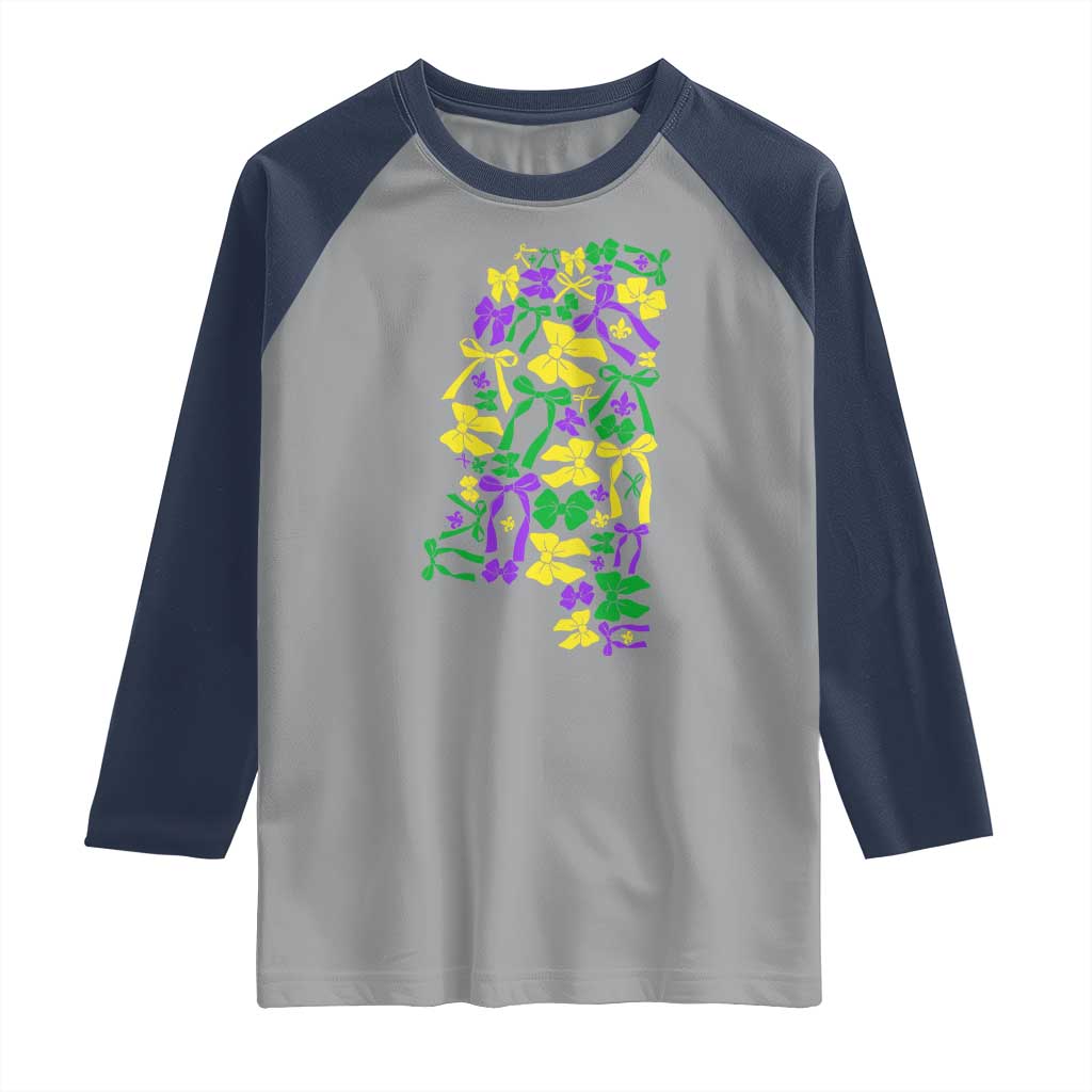 Funny Mardi Gras Mississippi Map Coquette Bow Raglan Shirt