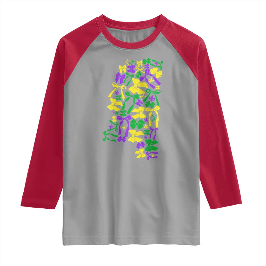 Funny Mardi Gras Mississippi Map Coquette Bow Raglan Shirt