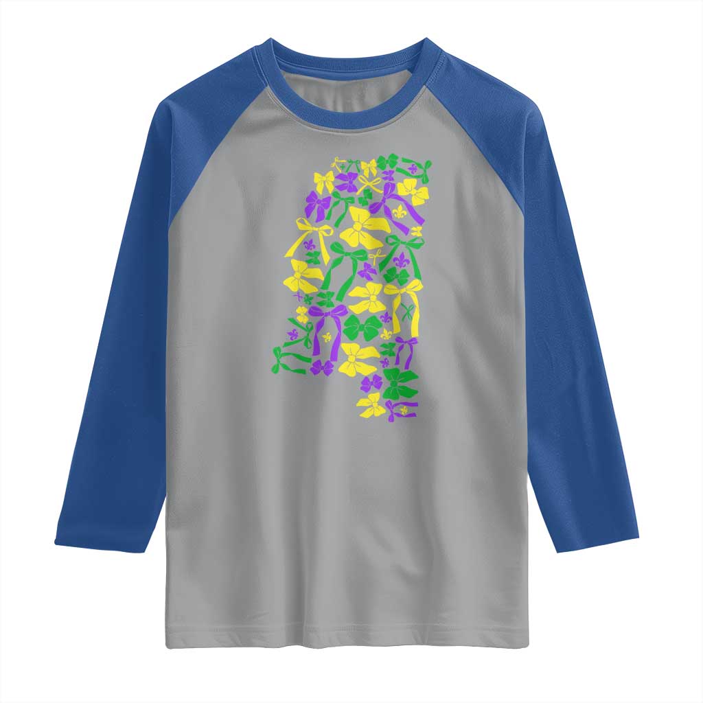 Funny Mardi Gras Mississippi Map Coquette Bow Raglan Shirt