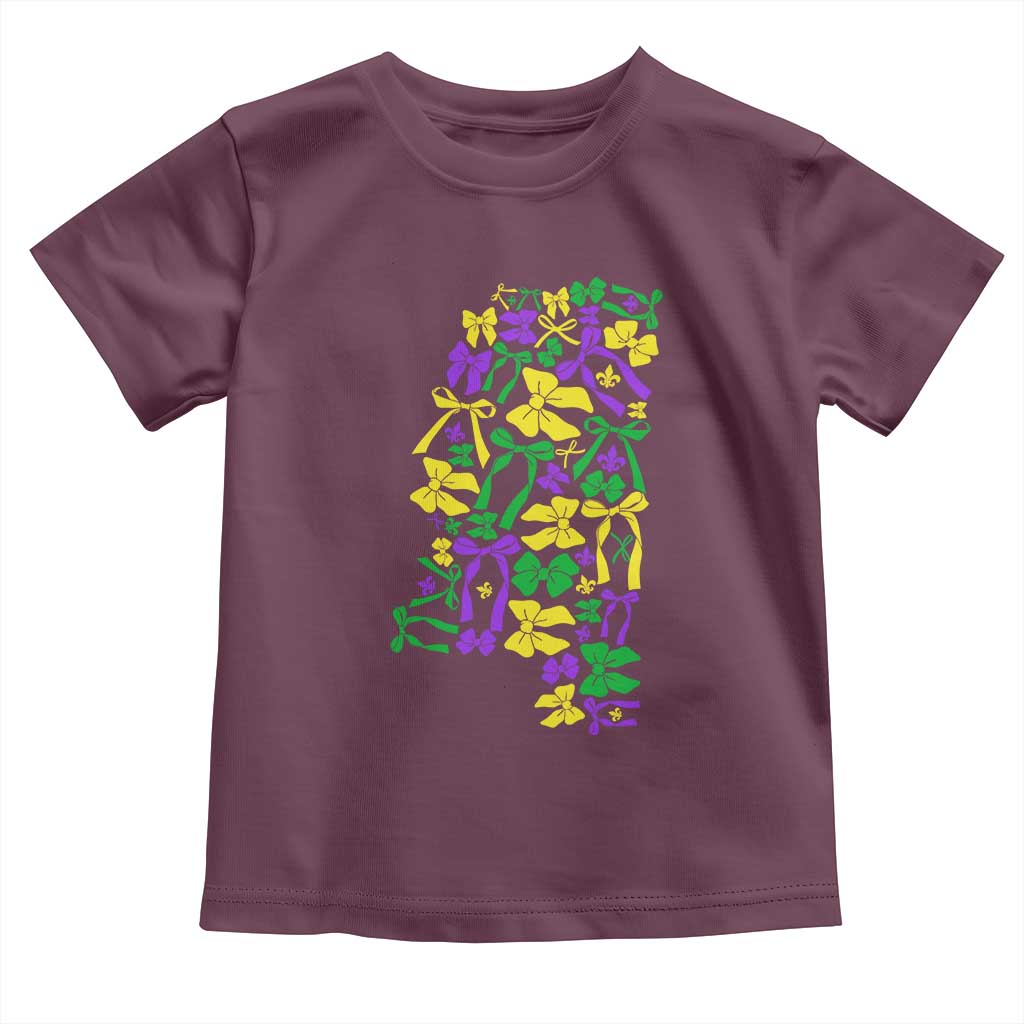 Funny Mardi Gras Mississippi Map Coquette Bow Toddler T Shirt