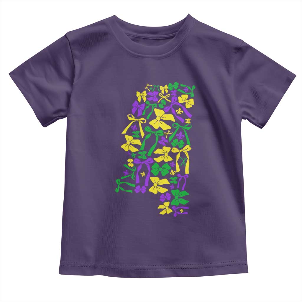 Funny Mardi Gras Mississippi Map Coquette Bow Toddler T Shirt