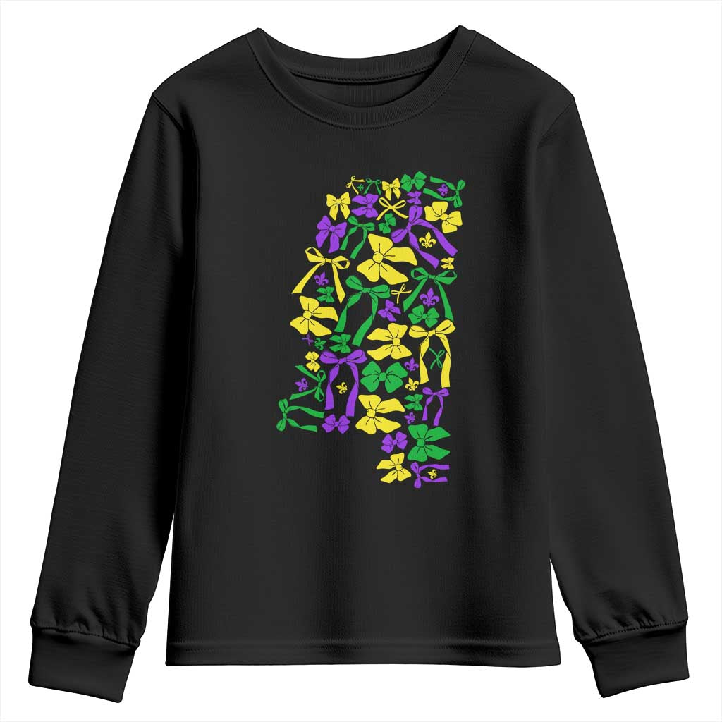 Funny Mardi Gras Mississippi Map Coquette Bow Youth Sweatshirt