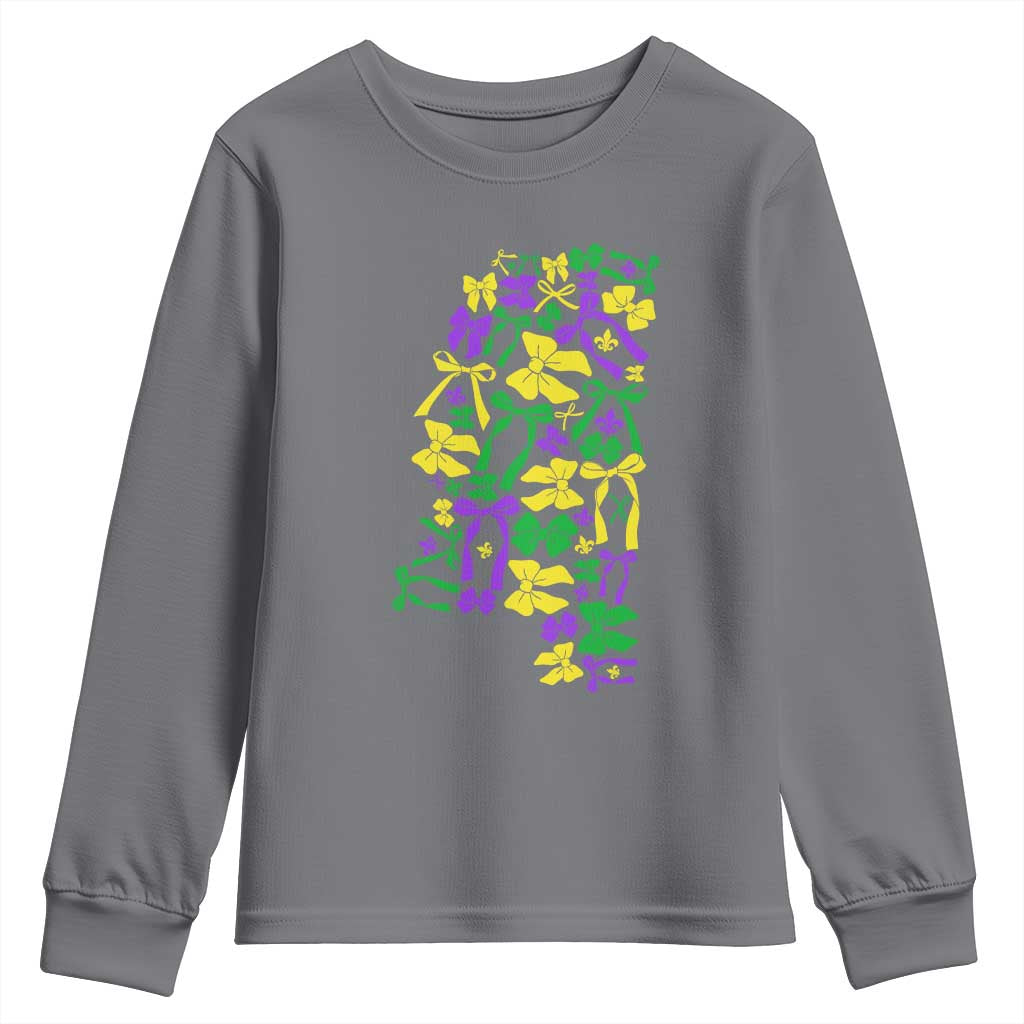 Funny Mardi Gras Mississippi Map Coquette Bow Youth Sweatshirt