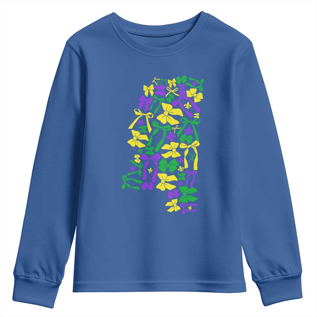 Funny Mardi Gras Mississippi Map Coquette Bow Youth Sweatshirt
