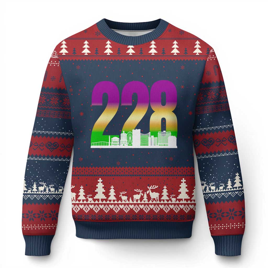 Funny Mardi Gras In Biloxi Mississippi Ugly Christmas Sweater 228 Skyline Area Code