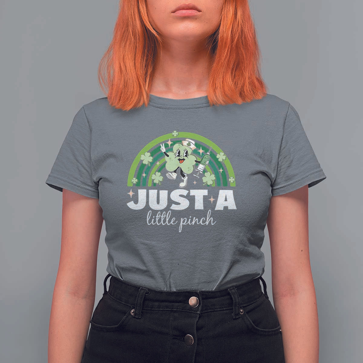 Funny St Patrick's Day Nurse T Shirt For Women Just A Little Pinch Rainbow Shamrock
