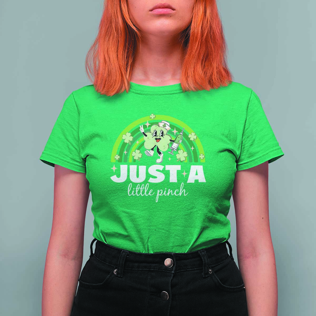 Funny St Patrick's Day Nurse T Shirt For Women Just A Little Pinch Rainbow Shamrock