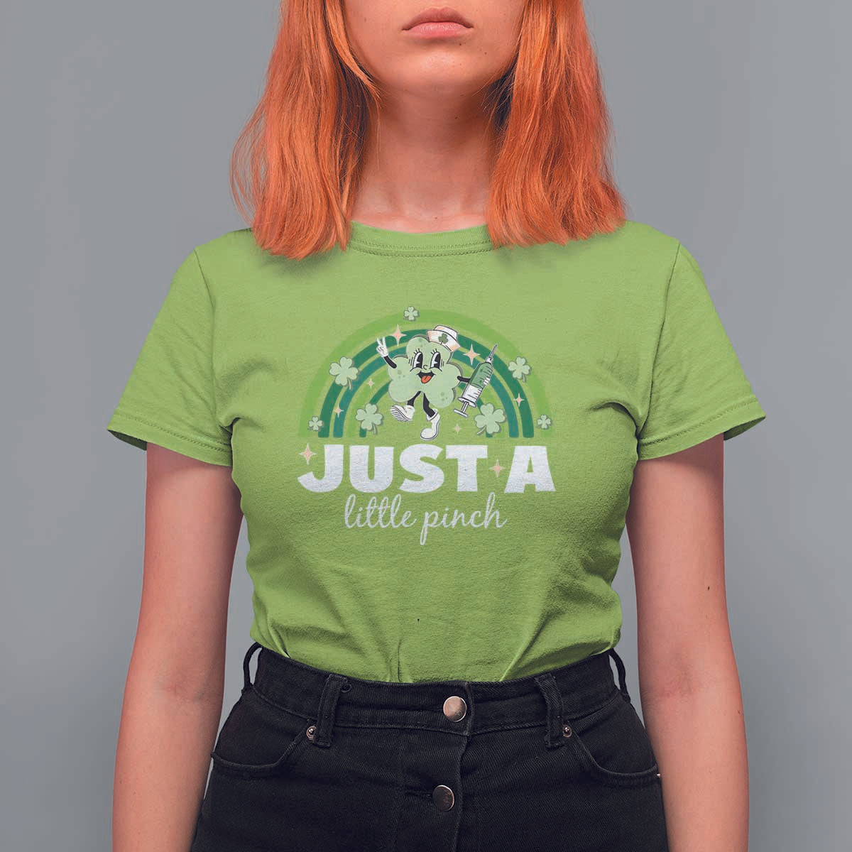 Funny St Patrick's Day Nurse T Shirt For Women Just A Little Pinch Rainbow Shamrock