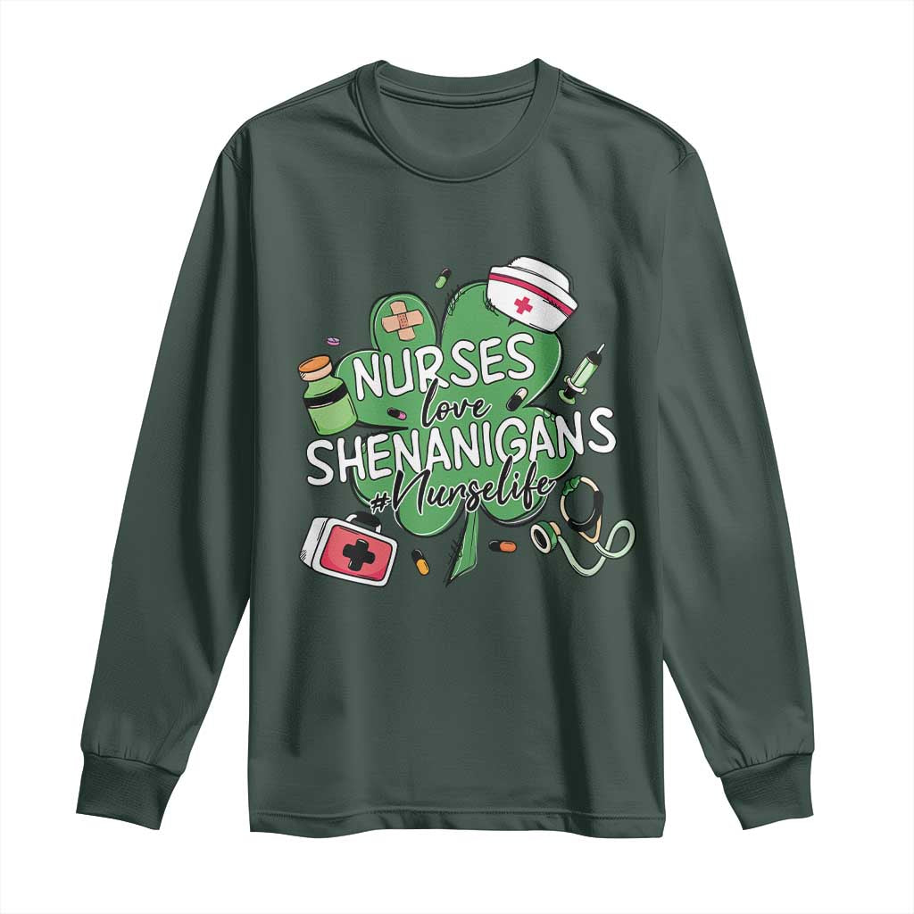 Funny St Patrick's Day Nurse Long Sleeve Shirt Nurses Love Shenanigans Nurse Life Shamrock