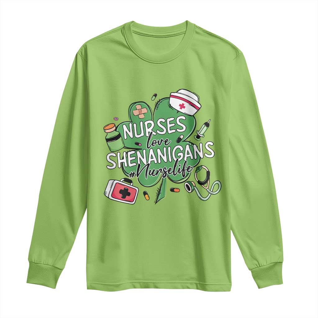 Funny St Patrick's Day Nurse Long Sleeve Shirt Nurses Love Shenanigans Nurse Life Shamrock