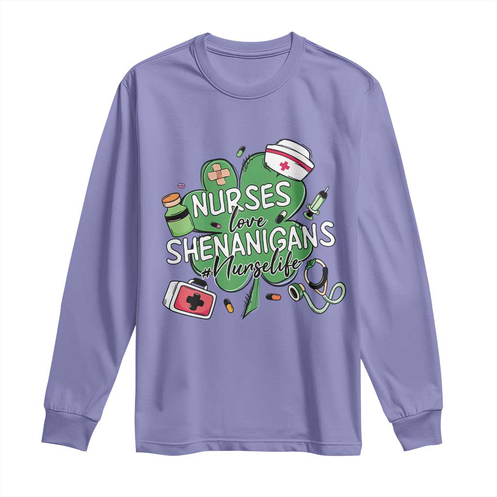 Funny St Patrick's Day Nurse Long Sleeve Shirt Nurses Love Shenanigans Nurse Life Shamrock
