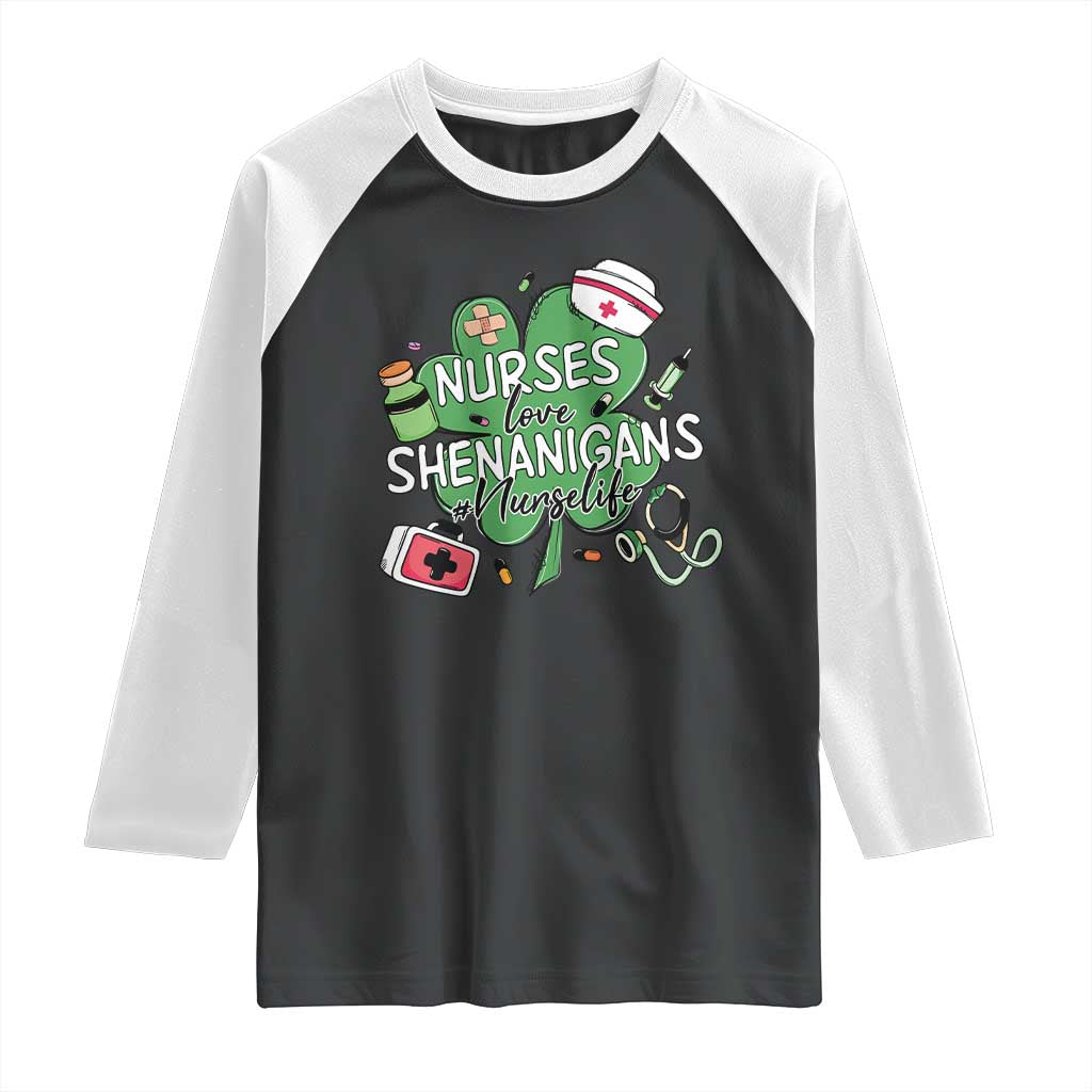 Funny St Patrick's Day Nurse Raglan Shirt Nurses Love Shenanigans Nurse Life Shamrock