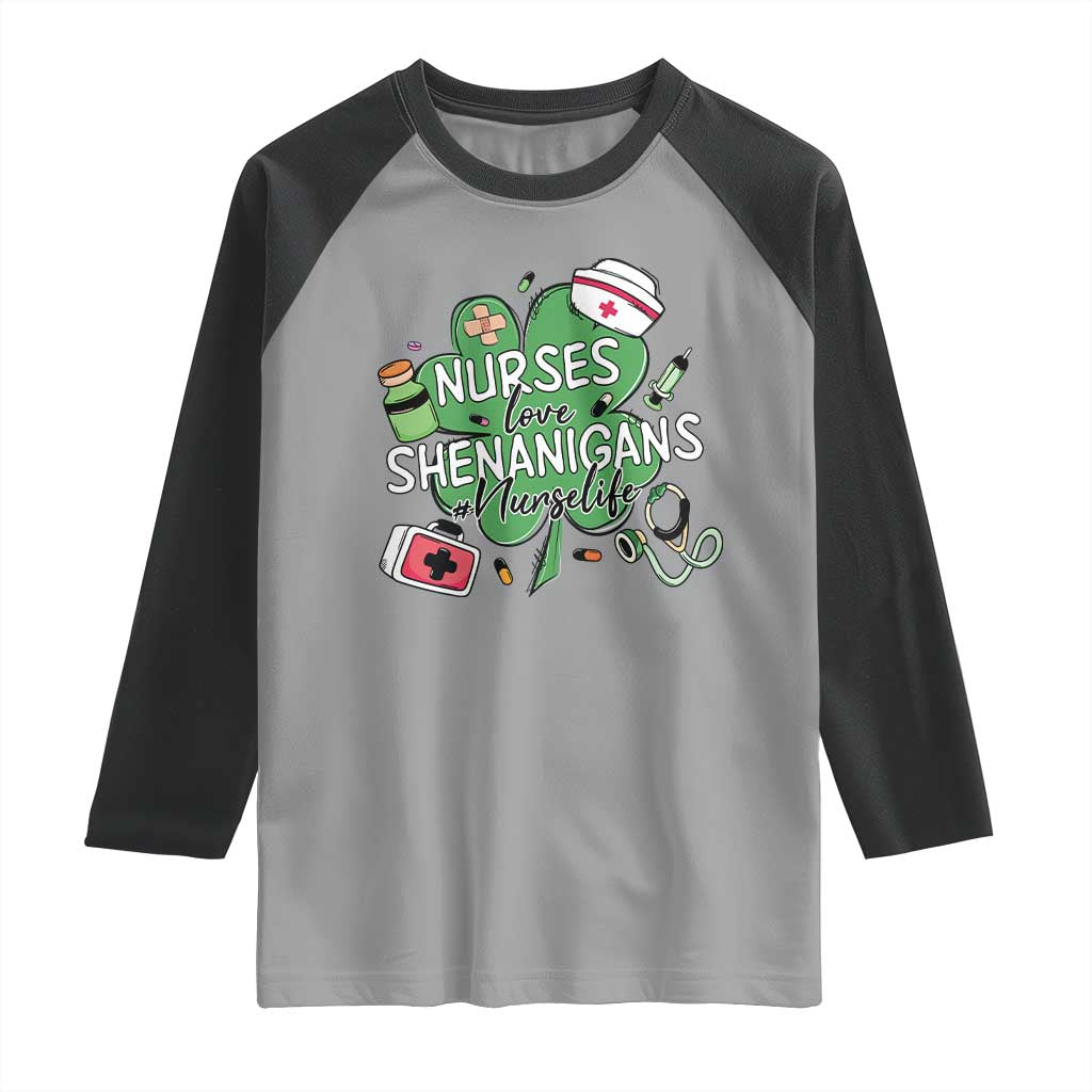 Funny St Patrick's Day Nurse Raglan Shirt Nurses Love Shenanigans Nurse Life Shamrock