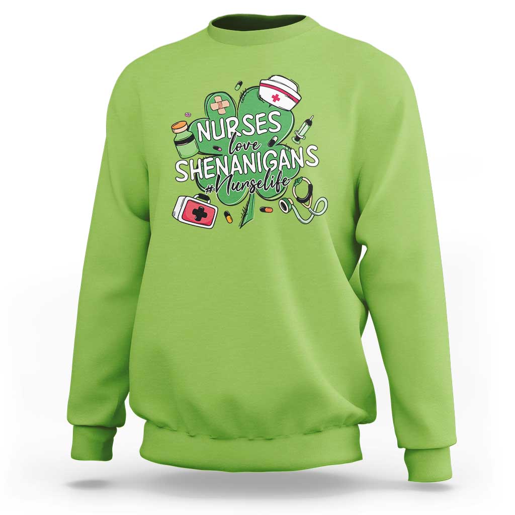 Funny St Patrick's Day Nurse Sweatshirt Nurses Love Shenanigans Nurse Life Shamrock