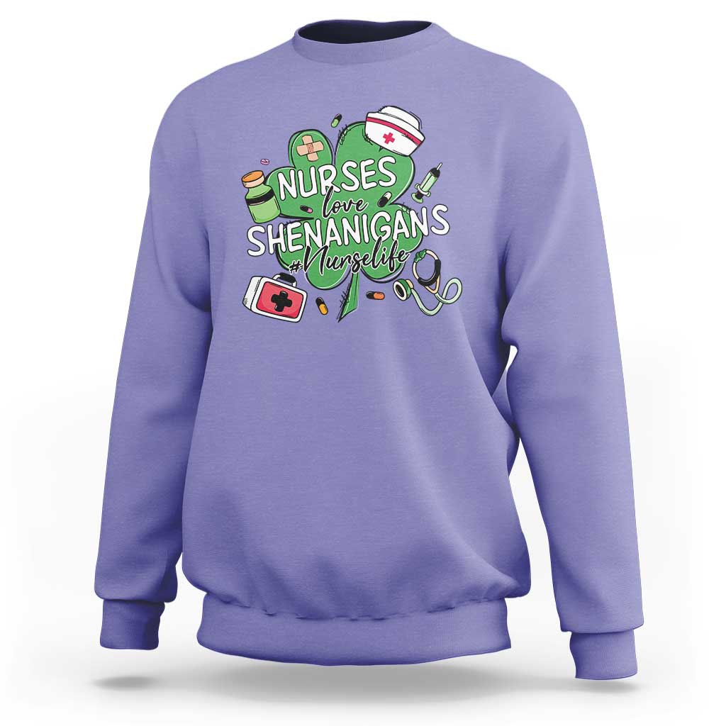 Funny St Patrick's Day Nurse Sweatshirt Nurses Love Shenanigans Nurse Life Shamrock