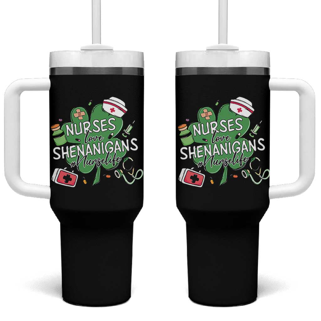 Funny St Patrick's Day Nurse Tumbler With Handle Nurses Love Shenanigans Nurse Life Shamrock