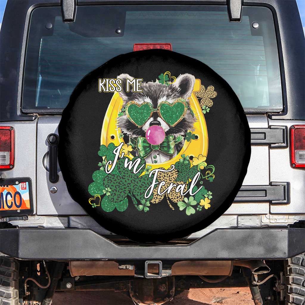 Funny St Patrick's Day Racoon Spare Tire Cover Kiss Me I'm Feral Horseshoe Shamrock