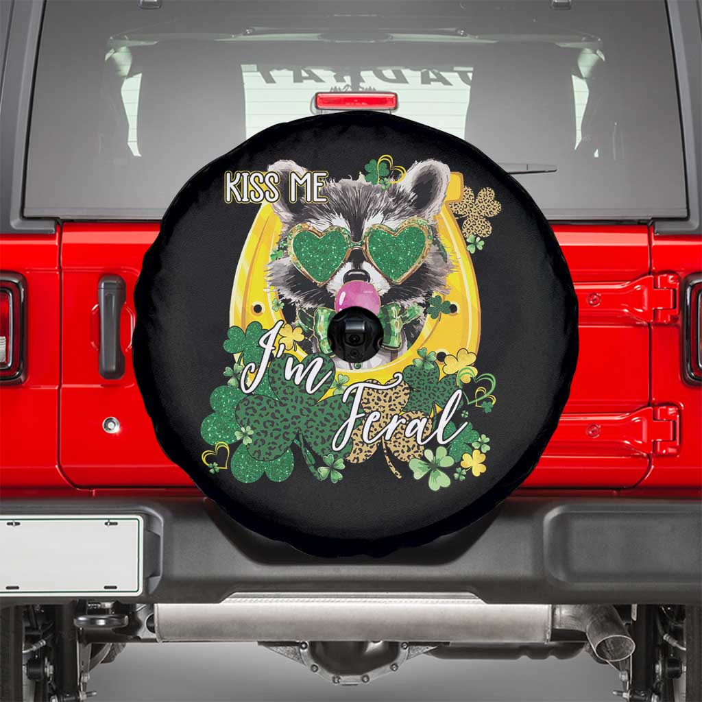 Funny St Patrick's Day Racoon Spare Tire Cover Kiss Me I'm Feral Horseshoe Shamrock