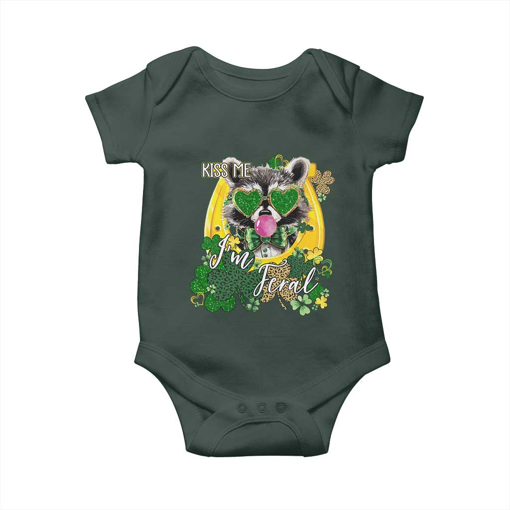 Funny St Patrick's Day Racoon Baby Onesie Kiss Me I'm Feral Horseshoe Shamrock