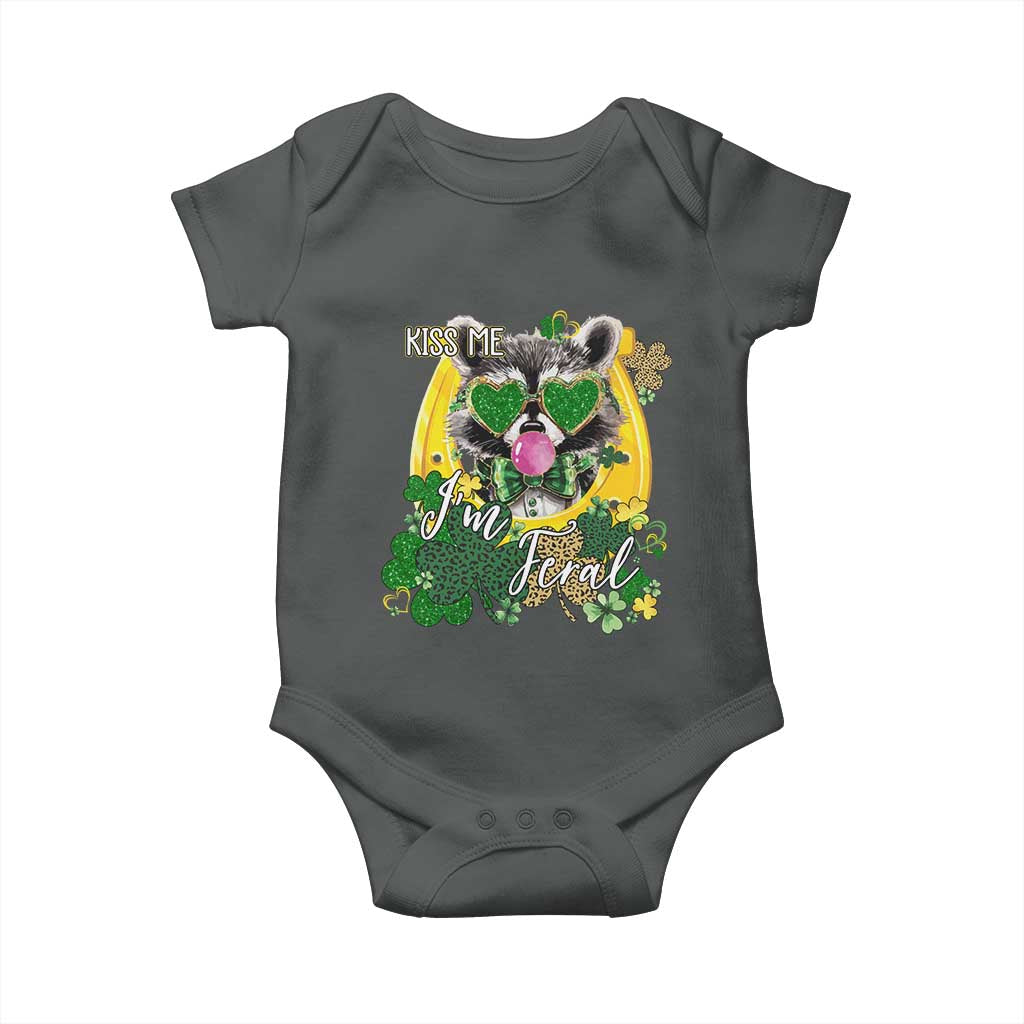 Funny St Patrick's Day Racoon Baby Onesie Kiss Me I'm Feral Horseshoe Shamrock