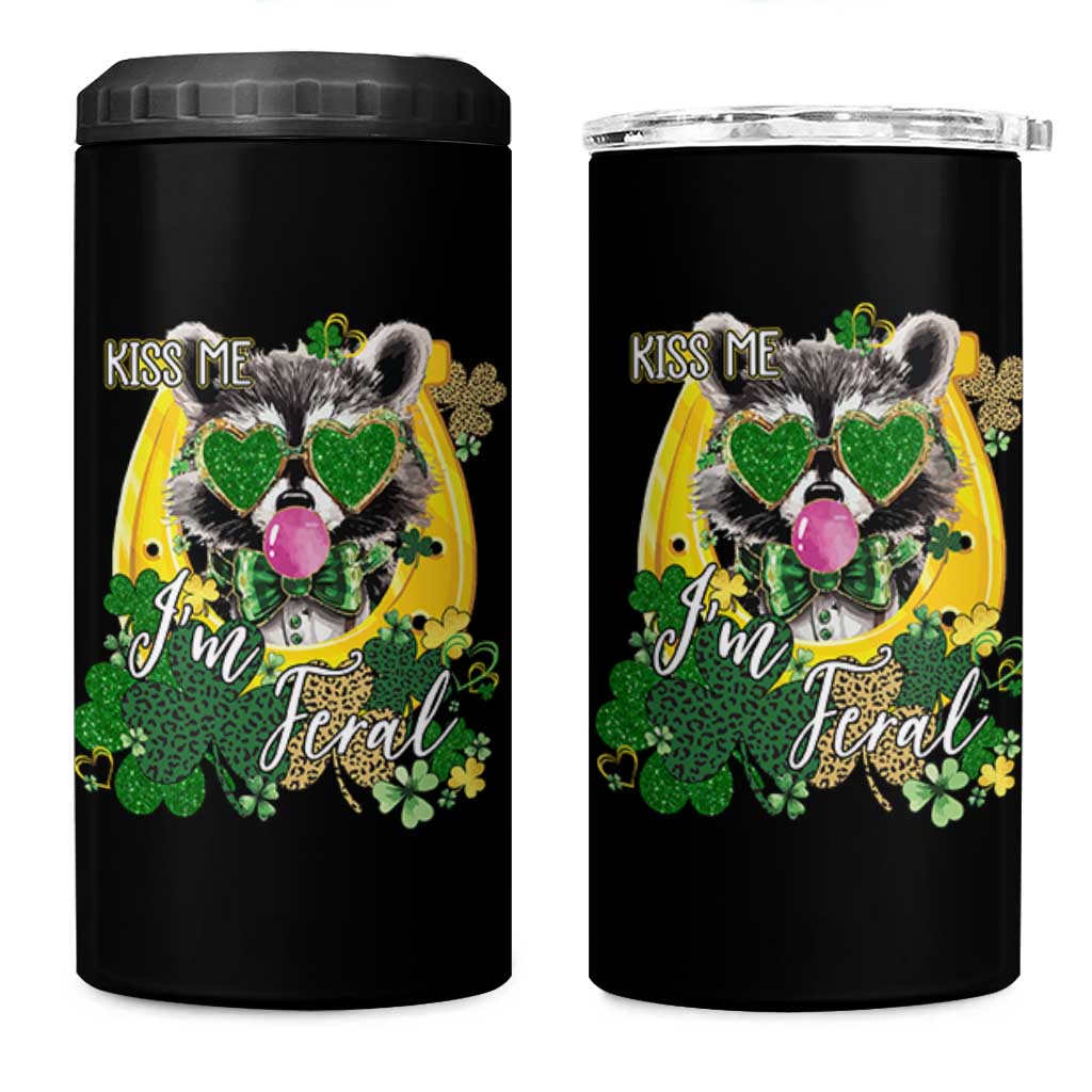 Funny St Patrick's Day Racoon 4 in 1 Can Cooler Tumbler Kiss Me I'm Feral Horseshoe Shamrock