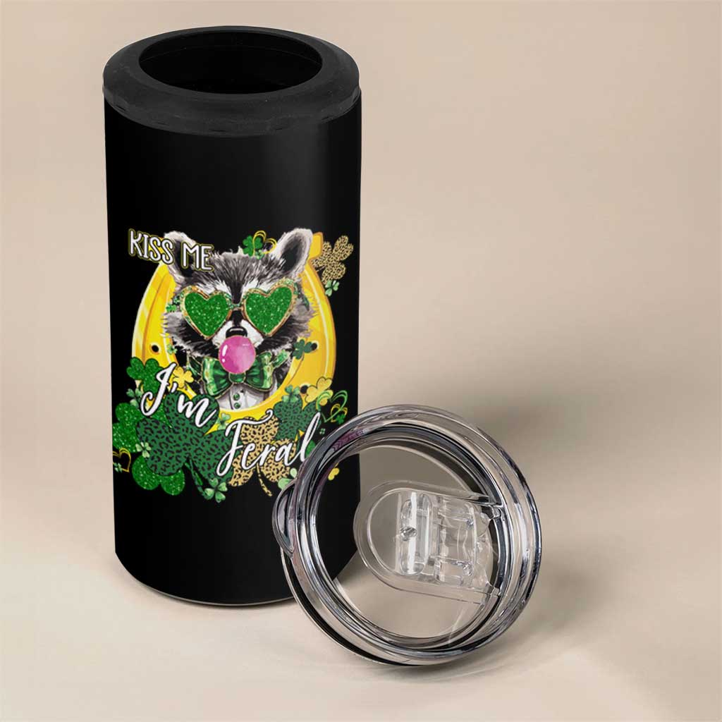 Funny St Patrick's Day Racoon 4 in 1 Can Cooler Tumbler Kiss Me I'm Feral Horseshoe Shamrock