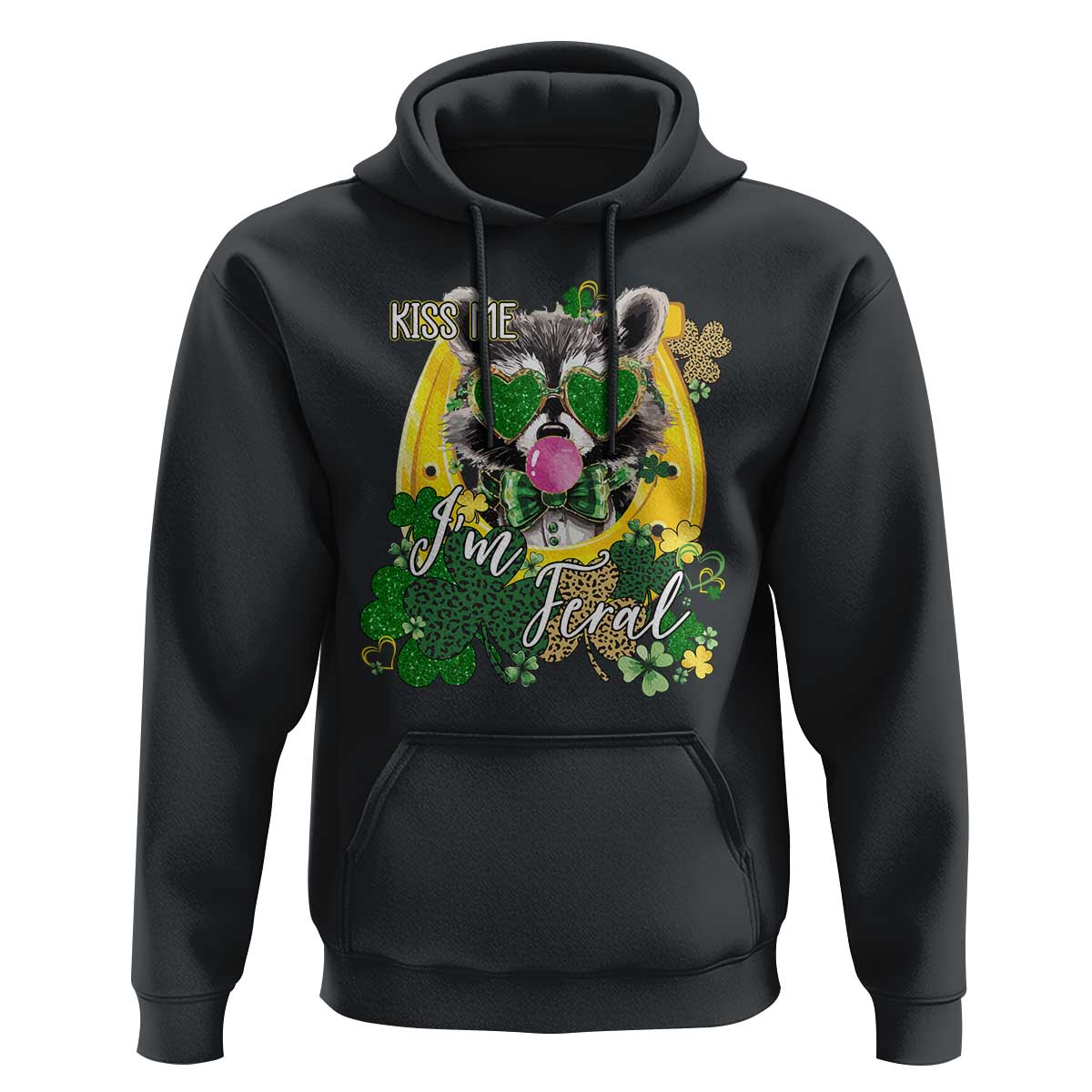 Funny St Patrick's Day Racoon Hoodie Kiss Me I'm Feral Horseshoe Shamrock