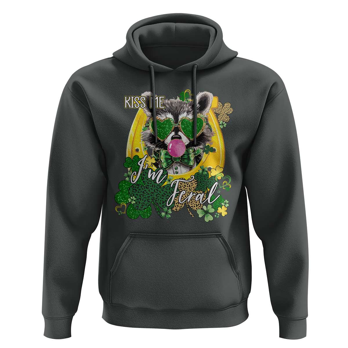Funny St Patrick's Day Racoon Hoodie Kiss Me I'm Feral Horseshoe Shamrock