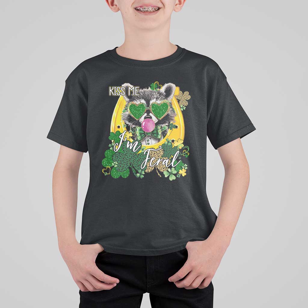 Funny St Patrick's Day Racoon T Shirt For Kid Kiss Me I'm Feral Horseshoe Shamrock