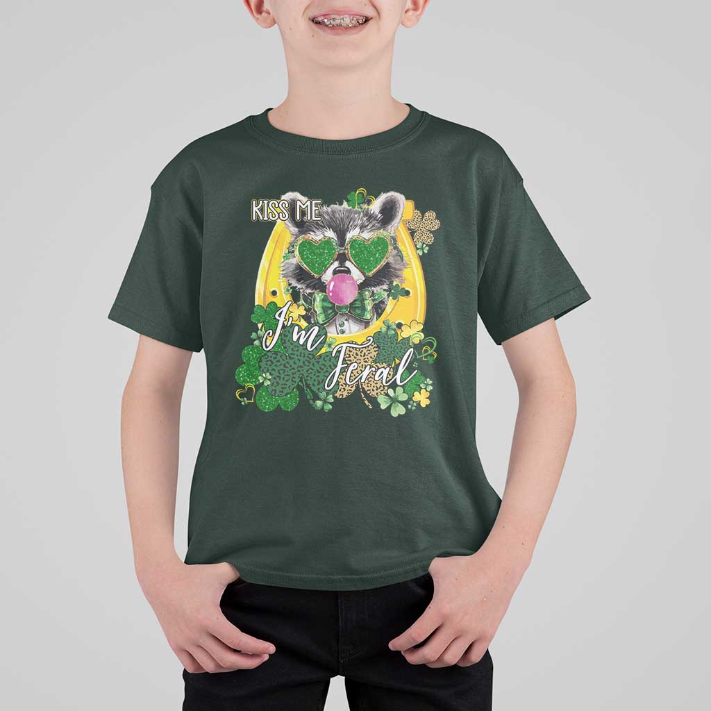 Funny St Patrick's Day Racoon T Shirt For Kid Kiss Me I'm Feral Horseshoe Shamrock
