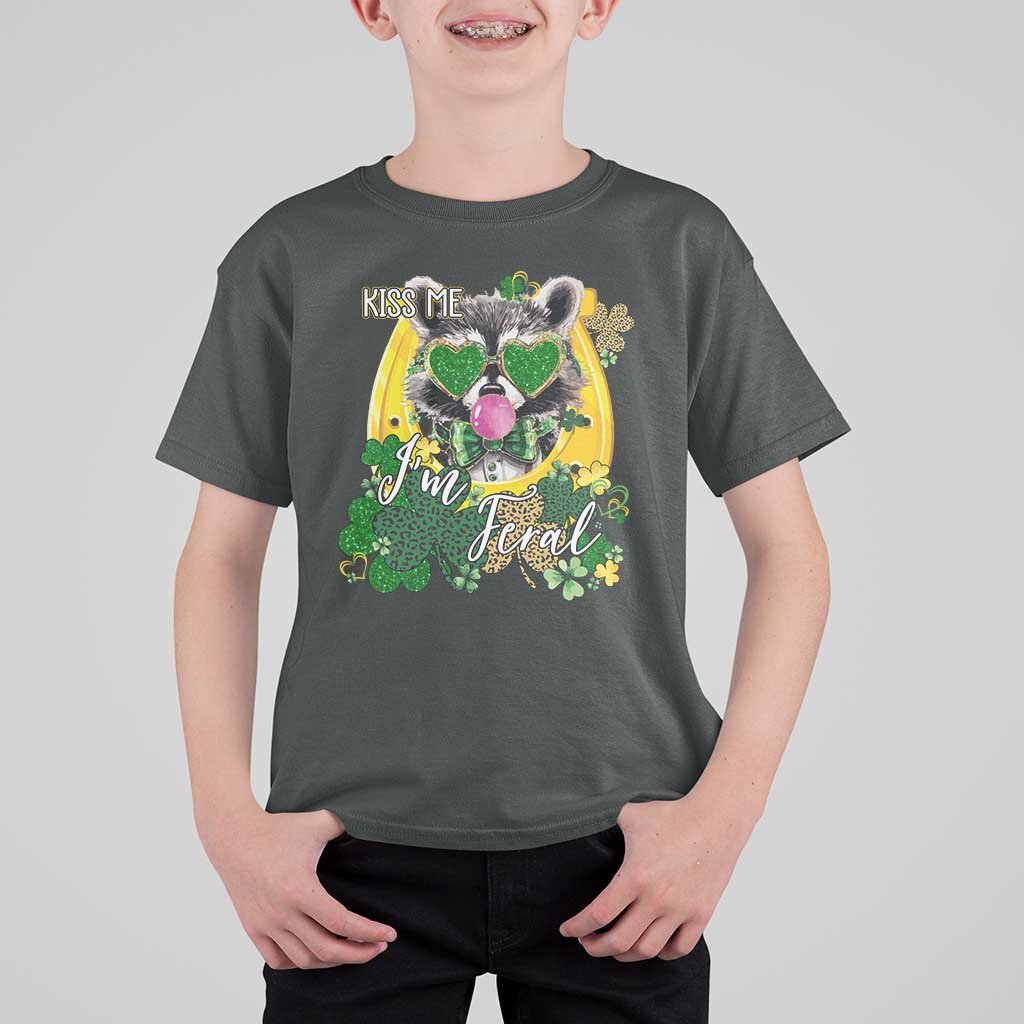 Funny St Patrick's Day Racoon T Shirt For Kid Kiss Me I'm Feral Horseshoe Shamrock